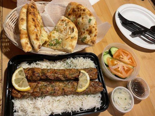 Garlic Naan, chicken shish kebab