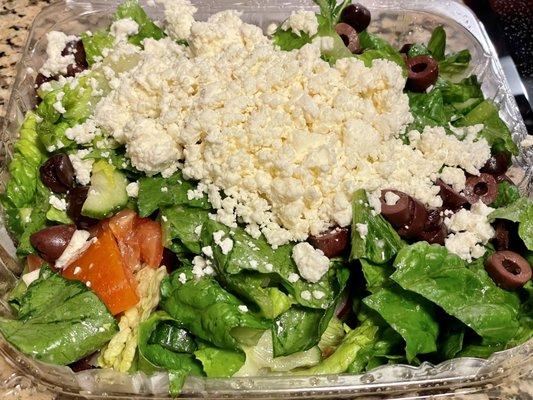 Large Greek salad. Probably the biggest Greek salad I've ever had. Enough for three meals!