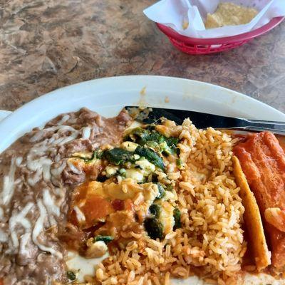 Chile relleno, tamale rice and beans