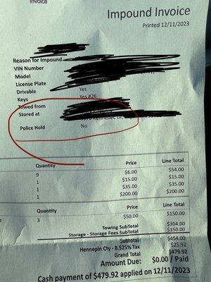 Receipt that further proves they were lying and trying to collect more money.