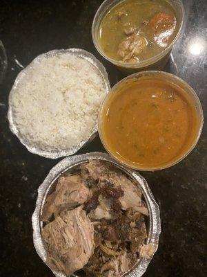 Pernil, rice, beans and sancocho