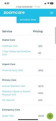 Online prices for ZoomCare without insurance. Screenshot taken 2/5/2024.