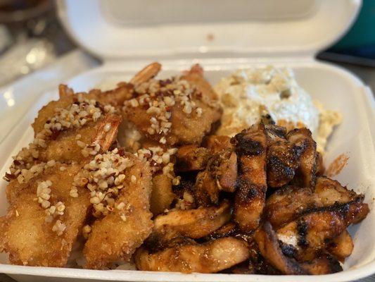 Garlic fried shrimp and spicy teriyaki chicken