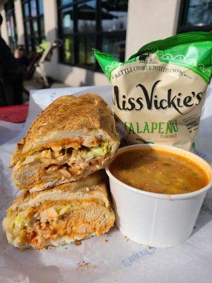 Buffalo chicken sandwich and chicken tortilla soup