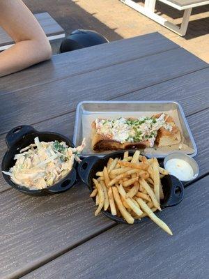 Coleslaw, fries and garlic aioli, and crab sliders - good