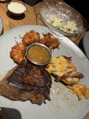 Sirloin and Alice Springs Chicken (missing shrooms and sauce) combo, add coconut shrimp