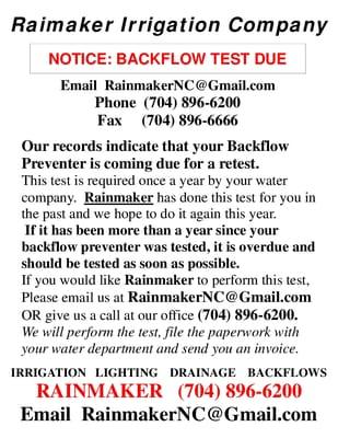 Backflow Tests are due once a year.