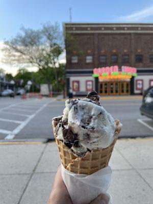 Eskimo Kisses (coconut ice cream, chocolate chunks, coconut flakes, and dark chocolate fudge swirls).