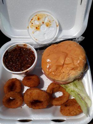 My dinner plate. Big double steak style, onion rings, and chili with no beans.