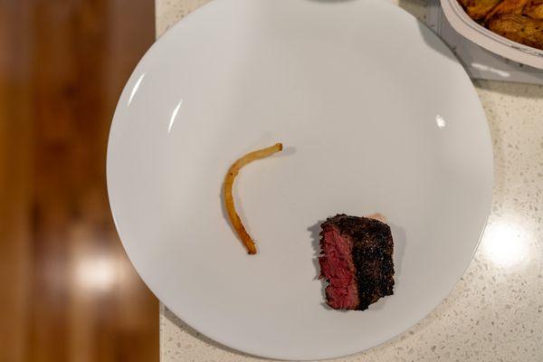 When you divide a tiny 6oz steak between two people, each person gets a serving that barely looks bigger than a small French fry.