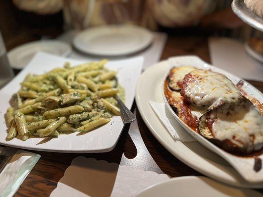 White pesto pasta and eggplant parm