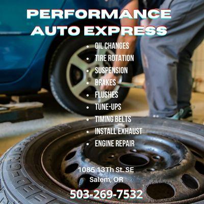 We offer tire rotations, tune-up, oil changes, suspension, performance upgrades and more