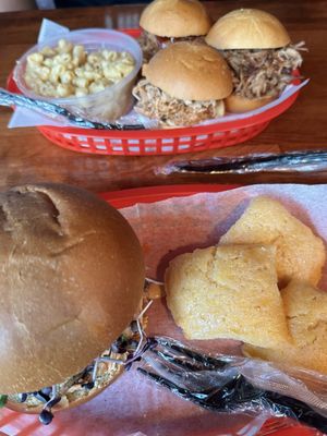 Top: Slider Trio with Macaroni And Cheese Bottom: California Chicken Sandwich with Honey Butter Cornbread