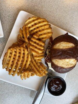 Hawaiian chicken burger with waffle fries