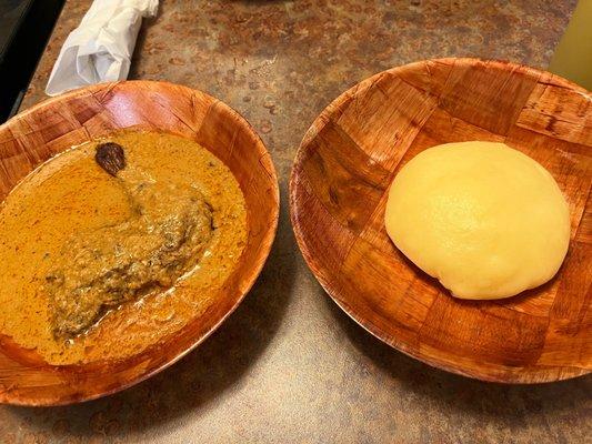 Peanut soup with chicken, plantain fufu