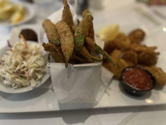 Shrimp with coleslaw and okra