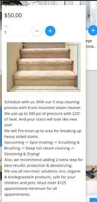 We have a $125 min appt for carpet services.Add on options that are less than $125 min. states we have a minimum appointment.