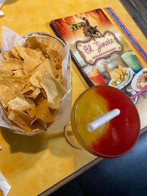 Extra Chips and Strawberry and Mango frozen Margarita