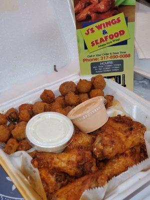 Garlic Sriracha wings and Fried Okra W/Yum yum sauce and Ranch