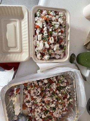 Small container fish ceviche and large container shrimp ceviche