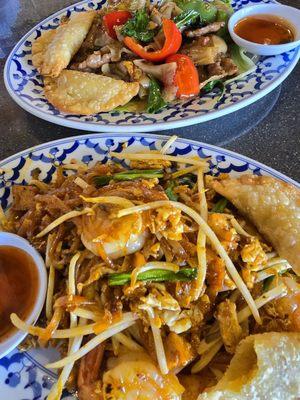 Pad Thai Shrimp & Spicy Basil noodles with beef. Fresh ingredients, authentic, delicious