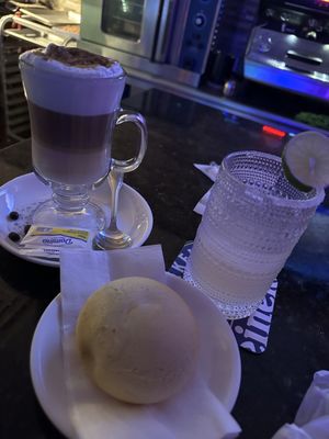 Cappuccino, pandebono, and a margarita