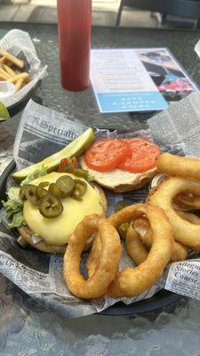 Vegan chicken burger with delicious onion rings!