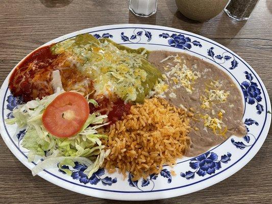 Chicken and Cheese Enchiladas plate with rice and beans