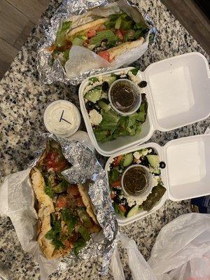 Gyro Pita Chicken Tikka Pita and 2 Greek salads. So good!