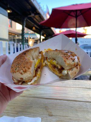 Bacon, egg, and cheese on an Asiago bagel