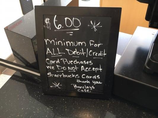 $6 minimum. No Starbucks cards.