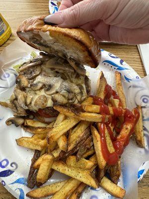 Mushroom and Swiss Burger with homemade fries!!!