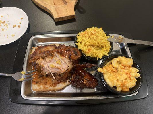 BBQ Chicken platter w/ Mac and cheese and seasoned rice