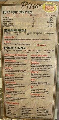 Pizza menu