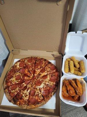 1 topping pepperoni pizza, mozzarella sticks, and wings.