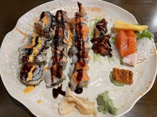 Spicy Bomb Roll, Crunchy Eel Roll, Orange Dragon Roll, various sashimi