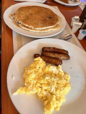 Scrambled Eggs, Sausage Links, Blueberry Pancakes