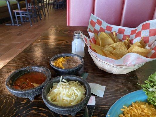 Chips salsa beans that arrived your table soon as you sit down