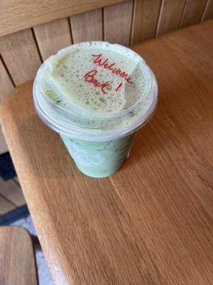 cute lil message on my matcha latte!