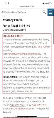 Mr. Rezai is an attorney who's office is unprofessional. They are known to drag out the case and is being charged with a felony.