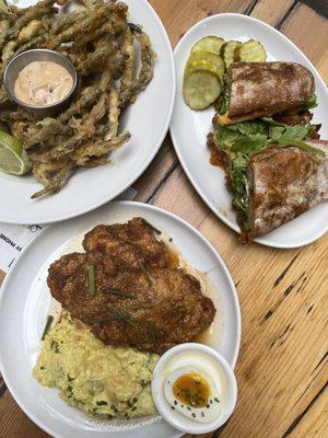 Cheesesteak Chicken nanban with Japanese curried potato salad Tempura green beans