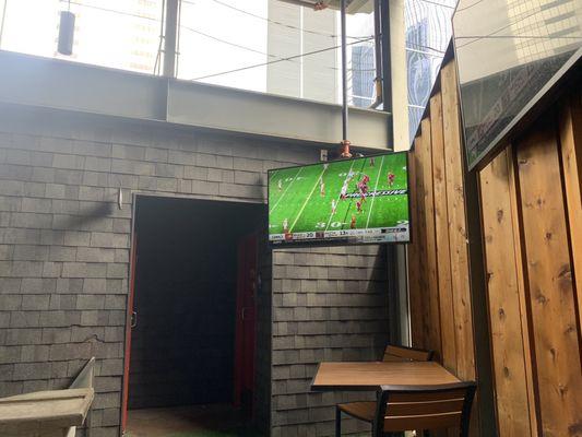 Outdoor patio with TVs and overhead cover