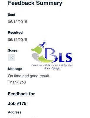 Review from a customer for work completed on June 12, 2018.