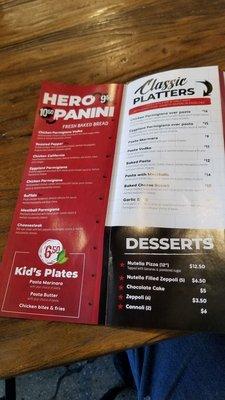 Back of the menu