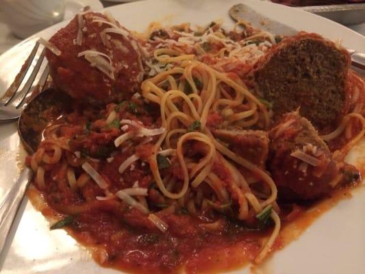 Huge portion of linguine and meatballs with extra basil. No spaghetti on on the menu, oddly. This was delish, though.