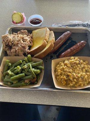 2 meat plate: pulled pork and hot links with corn casserole and green beans (pickles, pickled onions and bbq sauce)