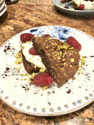 Chocolate shortcakes with raspberries, pistachios and white chocolate cream