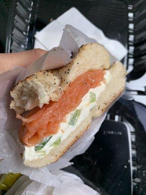 Everything bagel with lox and scallion cream cheese