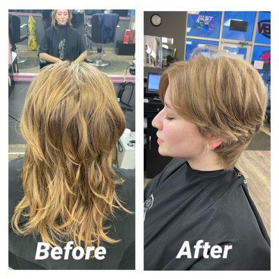 Woman's haircut long to short.