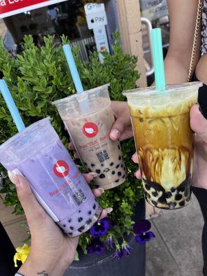 Taro milk tea, matcha brown sugar and lavender milk tea with boba